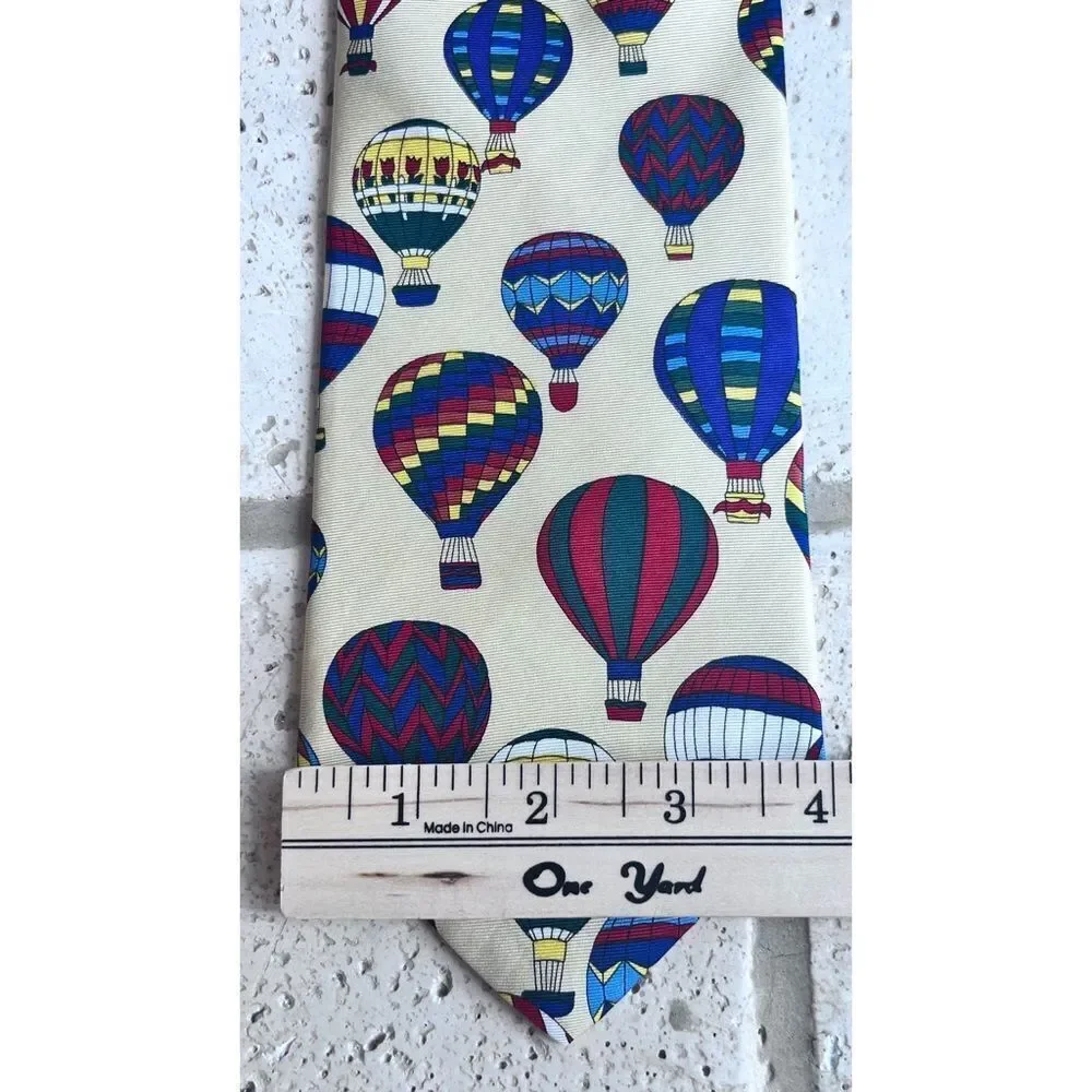 Cherry Blossom Festival Hot Air Balloon Silk Neck Tie Yellow Blue Red
